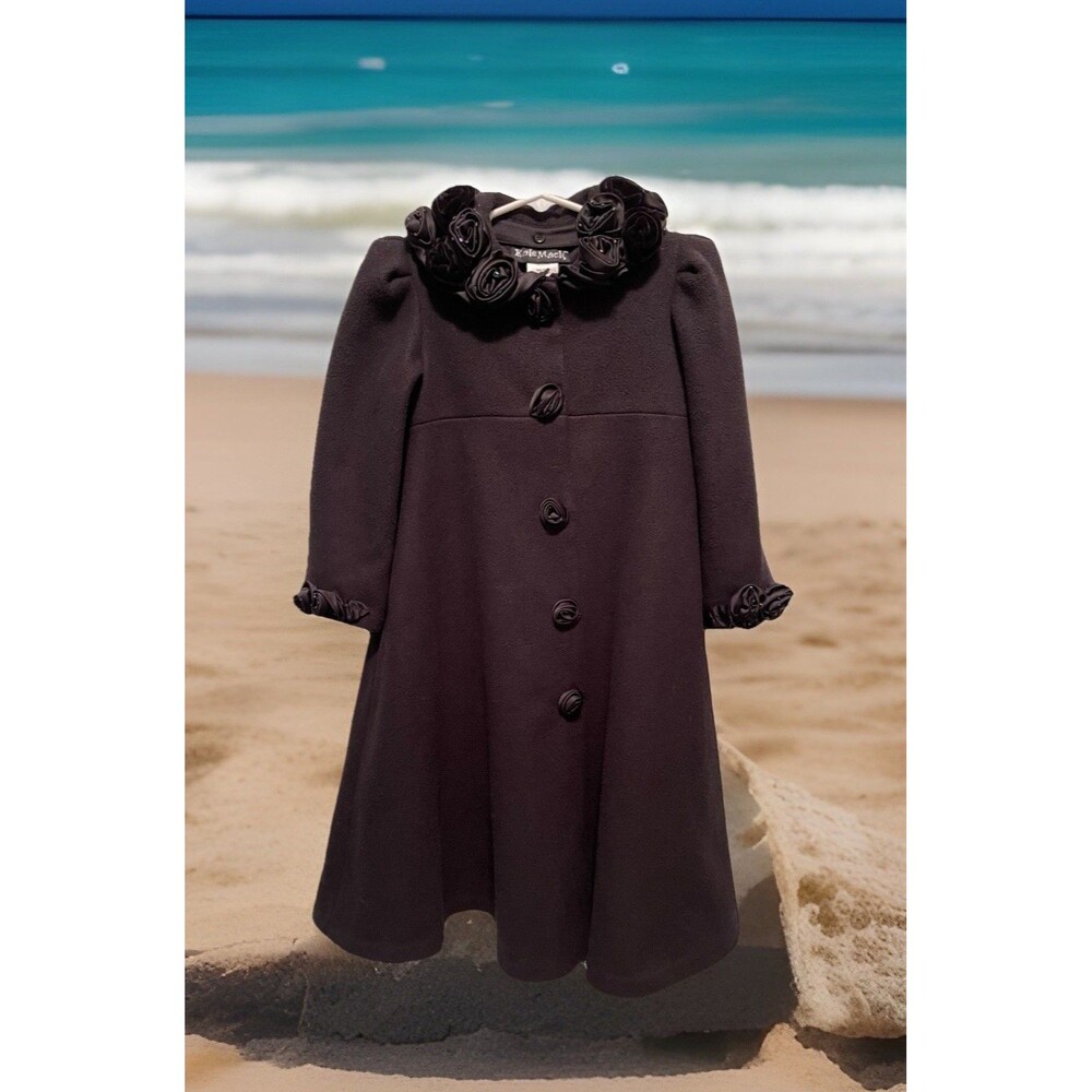 Kate Mack Black Embellished Roses Fleece Long Swing Coat Removable Collar Girl 5